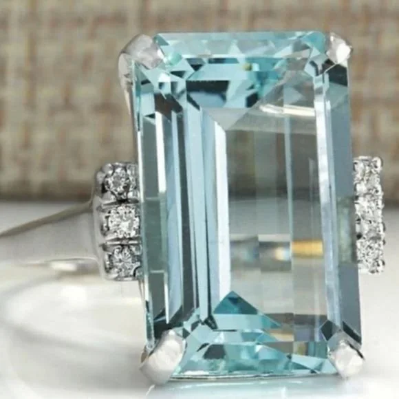 NEW HUGE AQUAMARINE DIAMOND 925 SILVER RING, CUTE RING, SHINY RING. - Picture 2 of 5